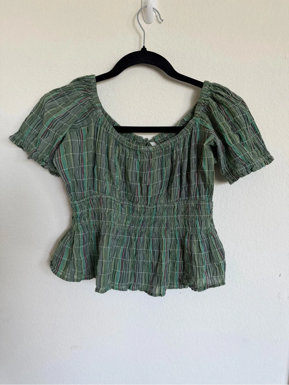 Free People Vivi smocked  Green Plaid Peasant Top - Women